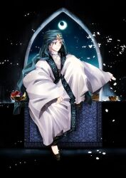  1boy bad_id bad_pixiv_id crescent_moon food fruit houhou_(black_lack) ja&#039;far_(magi) keffiyeh magi_the_labyrinth_of_magic male_focus moon night petals sitting solo window 