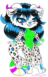  anthro black_markings blue_eyes blue_markings blue_spots chibi countershading dragon felid female fur furred_dragon furred_scalie glowing glowstick green_body green_countershading green_markings green_spots hi_res horn hybrid jaguar leopard_spots mammal markings mythological_creature mythological_scalie mythology orange_spots pantherine partycat purple_markings purple_spots rainbow rainbow_spots rave_partycat red_spots scalie shariea solo spikes spots white_body white_fur yellow_spots 