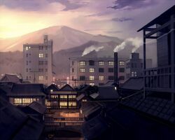  architecture boat building chimney city cityscape commentary commentary_request east_asian_architecture mountain no_humans outdoors radio_antenna scenery seo_tatsuya silhouette smoke smokestack touhou twilight watercraft 