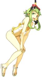  adapted_costume alternate_costume diving_mask female frills full_body goggles goggles_on_head green_eyes green_hair gumi hidari_(left_side) lowres one-piece_swimsuit open_mouth short_hair simple_background snorkel solo summer swimsuit tachi-e vocaloid 