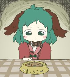  :&gt; animal_collar animal_ears blush_stickers bowl chibi collar commentary_request dress female green_eyes green_hair kasodani_kyouko peconica pet_bowl pet_food pink_dress pout solo staring table touhou translated 