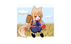  animal_ears blush brown_hair chibi food horo long_hair oerba_yun_fang red_eyes retishia spice_and_wolf tail white wolfgirl 