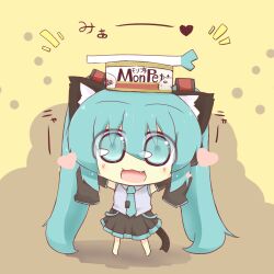  :3 animal_ears aqua_eyes aqua_hair cat_ears chibi commentary_request detached_sleeves female hatsune_miku hazuki_ruu heart long_hair necktie oerba_yun_fang open_mouth pet_food skirt sleeves_past_wrists solo spring_onion twintails very_long_hair vocaloid 