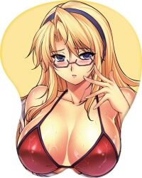  bikini blonde_hair blush breasts bridget_l._satellizer cleavage female freezing freezing_(series) glasses hair_ornament kim_kwang_hyun large_breasts long_hair looking_at_viewer mousepad purple_eyes satellizer_el_bridget solo sweat swimsuit white_background 