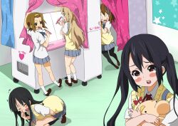  5girls absurdres akiyama_mio arcade bad_id bad_pixiv_id blush_stickers crossover doseisan highres hirasawa_yui k-on! kotobuki_tsumugi laughing mother_(game) multiple_girls nakano_azusa neki_(wakiko) pantyhose photo_booth sakuragaoka_high_school_uniform scared school_uniform stuffed_toy stylus tainaka_ritsu 