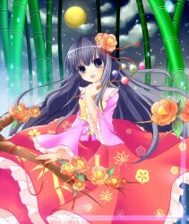  :d bad_id bad_pixiv_id bamboo bamboo_forest black_hair blue_eyes blush branch camellia female floral_print flower forest frilled_shirt_collar frilled_skirt frilled_sleeves frills full_moon hair_flower hair_ornament hand_up holding holding_branch houraisan_kaguya jeweled_branch_of_hourai long_hair long_skirt long_sleeves moon nature nekosugi_(hoshi) night night_sky open_mouth orange_flower pink_shirt red_flower red_ribbon red_skirt ribbon shirt skirt sky smile solo star_(sky) starry_sky touhou very_long_hair wide_sleeves yellow_moon 