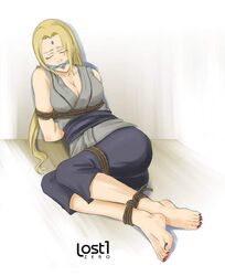  1girls barefoot bondage cloth_gag feet feet_together female female_only fully_clothed gag lostonezero naruto red_toenails rope_bondage solo solo_female toenail_polish toes tsunade 