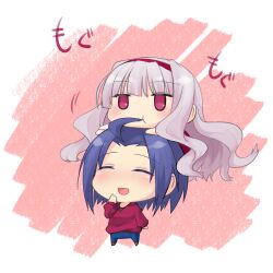  2girls :d ahoge blue_hair chibi chibi_on_head closed_eyes commentary_request eating grey_hair idolmaster idolmaster_(classic) miura_azusa multiple_girls neo_yakiri on_head open_mouth person_on_head red_eyes shijou_takane smile 