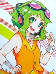  bad_id bad_pixiv_id female goggles goggles_on_head green_eyes green_hair gumi headphones momokan_(mmkn100) nail_polish open_mouth short_hair smile solo vocaloid wrist_cuffs 