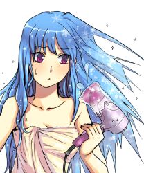  :t after_bathing bad_id bad_pixiv_id blue_hair breasts cleavage collarbone failure female frozen gameplay_mechanics hair_dryer highres ice kkaiju kula_diamond long_hair naked_towel photoshop_(medium) purple_eyes small_breasts solo the_king_of_fighters towel upper_body wet wet_hair 