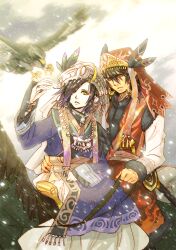  2boys bird black_hair coat commentary_request earrings feathers gaius_(tales) highres hood horse jewelry male_focus manly multiple_boys photoshop_(medium) red_eyes tales_of_(series) tales_of_xillia tribal usagineko wingul_(tales) yellow_eyes 