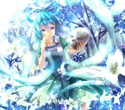  blue_eyes blue_hair blue_theme commentary_request female flower hair_ornament hair_rings hair_stick kaku_seiga lily_(flower) outdoors sakura_ani shawl short_hair skull solo touhou tree 