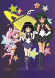  3girls :d ;d back_bow bishoujo_senshi_sailor_moon black_choker black_footwear black_hair black_skirt boots bow brooch brown_bow chibi_usa choker cone_hair_bun cross-laced_footwear double_bun earrings elbow_gloves full_body gloves green_hair group_picture hair_bun hair_ornament hairpin hand_on_own_hip height_difference hino_ryutaro holding_hands jewelry jumping knee_boots lace-up_boots long_hair looking_at_viewer magical_girl meiou_setsuna multicolored_clothes multicolored_skirt multiple_girls official_style one_eye_closed open_mouth outer_senshi pink_footwear pink_hair pink_sailor_collar pleated_skirt polearm purple_bow purple_eyes purple_footwear purple_sailor_collar purple_skirt red_bow red_eyes sailor_chibi_moon sailor_collar sailor_pluto sailor_saturn sailor_senshi sailor_senshi_uniform saturn_(planet) short_hair silence_glaive single_hair_bun skirt smile standing star_(symbol) star_brooch star_choker super_sailor_chibi_moon tamegai_katsumi_(style) tiara tomoe_hotaru twintails weapon white_gloves 