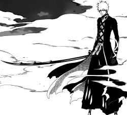  1boy bankai bleach gloves greyscale highres japanese_clothes kubo_tite kurosaki_ichigo male_focus monochrome official_art ootachi scan solo spoilers sword tensa_zangetsu_(bankai) weapon zangetsu_(bleach) 