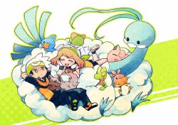  1boy :d ^_^ altaria alternate_costume arms_behind_head bandana bare_shoulders beak bike_shorts bird black_hair blue_feathers brendan_(pokemon) brown_hair closed_eyes commentary_request drooling feathers female fingerless_gloves fluffy gloves green_bandana green_theme hat head_rest jacket jigglypuff lying may_(pokemon) mudkip on_back open_mouth pokemon pokemon_(creature) pokemon_emerald pokemon_rse poochyena ralts saliva shirou_(vista) shoes sleeping smile sneakers starter_pokemon_trio torchic treecko white_feathers yellow_eyes 