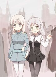  2girls alternate_hair_length alternate_hairstyle black_legwear blush commentary_request eila_ilmatar_juutilainen england glastonbury1966 green_eyes grey_hair military military_uniform multiple_girls necktie pantyhose photoshop_(medium) purple_eyes sanya_v._litvyak strike_witches uniform white_hair white_legwear world_witches_series 