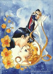  1boy armor bishoujo_senshi_sailor_moon black_hair blue_eyes bud cape chiba_mamoru closed_eyes commentary couple crescent crescent_facial_mark crescent_moon double_bun dress endymion_(sailor_moon) english_commentary facial_mark fairy_wings faulds female flower forehead_mark hair_bun highres hug jitome kissing kissing_forehead lips long_hair moon oldschool-girl orange_flower orchid painting_(medium) plackart princess_serenity smile straight traditional_media transparent_wings tsukino_usagi twintails very_long_hair watercolor_(medium) web_address white_dress wings yellow_flower 