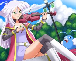  bird character_request female green_eyes instrument lowres mirai_(pokemon) outdoors outside pokemoa pokemon pokemon_ranger_(game) sitting soara swablu violin white_hair 