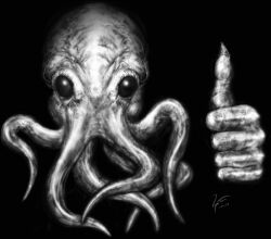  black_and_white black_eyes cthulhu cthulhu_mythos greyscale h.p._lovecraft hwango male monochrome nightmare_fuel solo tentacle thumbs_up 