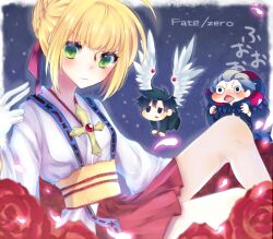  2boys artoria_pendragon_(fate) bad_hands bad_id bad_pixiv_id black_hair blonde_hair chibi cosplay cross emiya_kiritsugu fate/zero fate_(series) female flower gilles_de_rais_(caster)_(fate) green_eyes hair_ribbon kaitou_jeanne kaitou_jeanne_(cosplay) kamikaze_kaitou_jeanne kawachi_rin multiple_boys red_flower red_rose ribbon rose saber_(fate) wings 