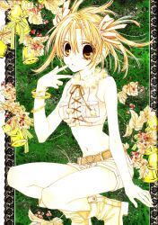  bare_shoulders bell blonde_hair boots border bracelet crop_top female finger_to_mouth front-tie_top fur highres jewelry lace lace_border leaf midriff navel official_art ornate_border otomiya_haine scan shinshi_doumei_cross short_hair shorts sleeveless solo tanemura_arina traditional_media twintails white_shorts yellow_eyes 