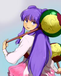  chui hair_ornament hair_ornaments long_hair looking_at_viewer maabou open_mouth purple_eyes purple_hair ranma_1/2 sash shampoo shampoo_(ranma_1/2) simple_background smile weapon 