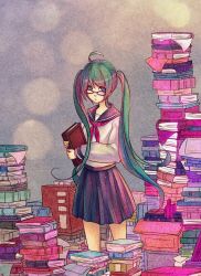  ahoge bad_id bad_pixiv_id bespectacled book book_focus book_stack female glasses green_hair hatsune_miku highres holding holding_book iralion long_hair school_uniform serafuku skirt solo too_many too_many_books twintails very_long_hair vocaloid 