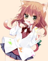  :o animal_ears bad_id bad_pixiv_id brown_hair brush cat_ears cat_tail coat female green_eyes nochita_shin original paintbrush red_hair sepia_background shirt skirt solo tail 