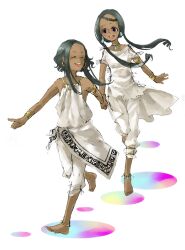  2girls anklet armlet bad_id bad_pixiv_id bangle barefoot black_hair bracelet dark-skinned_female dark_skin dasimaki dress earrings feet holding_hands indian jewelry multiple_girls necklace original pants running walking 