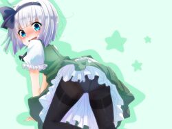  all_fours black_hairband black_pantyhose blue_eyes blush bob_cut commentary_request crotch_seam female from_behind hairband konpaku_youmu looking_back negiko open_mouth panties panties_under_pantyhose pantyhose short_hair skirt solo star_(symbol) surprised tears thighband_pantyhose touhou underwear white_hair white_panties 