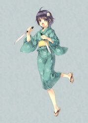  :o alternate_hairstyle aqua_kimono araragi_tsukihi bakemonogatari black_eyes black_hair commentary dual_wielding egg_hair_ornament female food-themed_hair_ornament hair_ornament holding japanese_clothes kimono knife kouji_(campus_life) monogatari_(series) open_mouth photoshop_(medium) sandals short_hair solo 