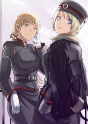  2girls alister_agrew blonde_hair blue_eyes commentary_request gloves jacket last_exile last_exile:_gin&#039;yoku_no_fam long_hair multiple_girls photoshop_(medium) ponytail short_hair sky tatiana_wisla tea_(nakenashi) uniform 