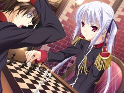  1boy blue_ribbon board_game chess chess_piece chessboard female game_cg hair_ribbon komori_kei kyle_l_albright lisa_eostre long_hair open_mouth red_eyes ribbon sweat uniform walkure_romanze white_hair 