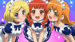  3girls amamiya_rizumu awa blonde_hair blue_eyes happy harune_aira leaning_forward maid maid_headdress multiple_girls orange_eyes orange_hair pretty_rhythm pretty_rhythm_aurora_dream pretty_series red_eyes red_hair ribbon smile sparkle takamine_mion 