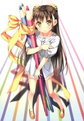  absurdres bare_legs blush brown_eyes brown_hair collarbone colored_pencil female from_above highres hugging_object kantoku long_hair looking_at_viewer looking_up nagisa_(kantoku) original oversized_object pencil ribbon skirt smile solo two_side_up white_skirt 