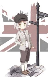  alternate_costume blazer brown_shorts commentary_request england english_text engrish_text female flag flag_background glastonbury1966 green_eyes grey_hair hat jacket kneehighs necktie pantyhose photoshop_(medium) ranguage road_sign sanya_v._litvyak short_hair shorts sign smile socks solo strike_witches union_jack united_kingdom world_witches_series 