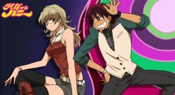  1boy barnaby_brooks_jr. belt black_legwear blonde_hair boots bracelet brown_eyes brown_hair cabbie_hat commentary_request cutie_honey facial_hair female genderswap_(mtf) glasses green_eyes hat jewelry kaburagi_t._kotetsu necktie parody re:_cutie_honey ring rule_63 short_hair short_shorts shorts stubble studded_belt tctntm thighhighs tiger_&amp;_bunny vest waistcoat watch wedding_ring wristwatch 