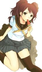  bad_id bad_pixiv_id brown_eyes female food fruit houndstooth jpeg_artifacts kujikawa_rise persona persona_4 popsicle red_hair school_uniform seiru_(prairie) skirt sock_pull solo thighhighs twintails watermelon watermelon_bar 