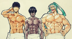  3boys abs arash_(fate) arjuna_(fate) bara black_hair boy_sandwich closed_eyes dark-skinned_male dark_skin fate/grand_order fate_(series) green_hair hands_on_own_hips koryuu_(gackter10) large_pectorals long_hair male_focus multiple_boys muscular muscular_male nipples open_mouth pectorals ponytail sandwiched short_hair tawara_touta_(fate) topless_male 