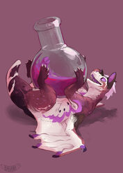  2021 ambiguous_gender art_fight artist_logo babanasaur bottle brown_body claws container digital_media_(artwork) dragon feral hi_res holding_bottle holding_container holding_object logo looking_up lying markings mythological_creature mythological_scalie mythology on_back open_mouth purple_background purple_body purple_ears purple_eyes purple_liquid scalie shadow simple_background solo tail teeth white_body wing_claws wings 