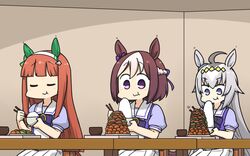  3girls ahoge animal_ears bow bowl bowtie brown_hair chopsticks closed_eyes commentary ear_covers ear_ribbon eating food glutton grey_hair hairband hamu_koutarou highres holding holding_chopsticks horse_ears horse_girl horse_tail horseshoe_ornament long_hair multicolored_hair multiple_girls oguri_cap_(umamusume) orange_hair pleated_skirt puffy_short_sleeves puffy_sleeves purple_bow purple_eyes purple_shirt rice rice_bowl sailor_collar sailor_shirt school_uniform shirt short_hair short_sleeves silence_suzuka_(umamusume) sitting skirt special_week_(umamusume) summer_uniform table tail tracen_school_uniform two-tone_hair umamusume white_hair white_hairband white_skirt 