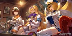  3girls alternate_costume alternate_hairstyle animal_ear_fluff animal_ear_piercing animal_ears animal_hat armband ascot blonde_hair blue_shirt bow braid breasts brown_hair bug butterfly cat_ears cat_tail ceiling_light chen chen_(calm_and_composed_secretary) coat collared_shirt collection commentary_request copyright_notice couch crossed_legs crown_braid emblem flame_print folding_fan fox_tail frilled_skirt frills globe hair_between_eyes hair_ribbon hairbow hand_fan hat highres indoors jacket jewelry kuroi_susumu large_breasts layered_clothes light light_particles light_trail long_hair long_sleeves looking_at_another looking_at_viewer map microscope miniskirt multiple_girls multiple_tails oerba_yun_fang official_art one_eye_closed open_clothes open_jacket orange_shirt paw_pose quill red_bow ribbon sailor sailor_hat seashell shell shiny_clothes shirt short_hair shorts sidelocks sitting skirt slit_pupils smile sparkle tail talking taut_clothes taut_shirt thighhighs touhou touhou_lostword tube two_tails very_long_hair watermark wavy_mouth white_ascot white_coat white_shirt white_shorts white_skirt white_thighhighs wide_sleeves yakumo_ran yakumo_ran_(elegant_vice_president) yakumo_yukari yellow_ascot yin_yang yin_yang_print 