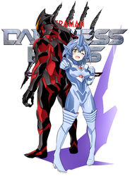  1boy absurdres alien black_bodysuit blue_hair bodysuit claws dai-kaijuu_battle_ultra_ginga_densetsu_the_movie darkness_heels darkness_heels_lili female fingernails highres holding lili_(darkness_heels) long_fingernails multicolored_bodysuit multicolored_clothes muscular official_art open_mouth orange_eyes red_bodysuit smile tokusatsu tsunashima_shirou ultra_series ultraman_belial ultraman_geed_(series) yellow_eyes 