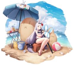  animal animal_ears artist_request azur_lane bare_shoulders beach beach_umbrella bikini bikini_skirt bird blue_sky bow breasts bucket burger cloud cloudy_sky day drinking_straw feet female flower food french_fries fruit full_body hair_flower hair_ornament hairband hairbow hibiscus highres ice_cream ice_cream_cup katana legs long_hair looking_at_viewer low-tied_long_hair manjuu_(azur_lane) navel official_art outdoors rabbit_ears sand sand_sculpture sandals seagull seashell shadow sheath sheathed shell shimakaze_(azur_lane) shimakaze_(the_island_wind_rests)_(azur_lane) shiny_skin shovel sitting sky small_breasts smile solo stomach swimsuit sword table thighs toenails toes transparent_background umbrella water weapon white_hair wrist_cuffs yellow_eyes 