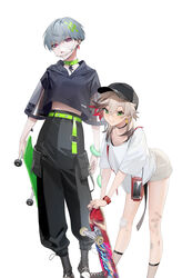  2girls absurdres androgynous arms_at_sides bad_id bad_pixiv_id bandaid belt black_footwear black_hoodie black_pants black_shirt breasts choker clock collar collarbone commentary_request cuffs ear_piercing earrings full_body green_collar green_eyes grey_background grey_hair handcuffs high-waist_pants highres holding holding_skateboard hood hoodie injury jewelry katanaya_mashiko leaning_forward looking_at_viewer mask mask_pull midriff_peek mouth_mask multicolored_hair multiple_girls neon_girl_(ohisashiburi) ohisashiburi original pants phone piercing pink_eyes project_luminasys purple_eyes raglan_sleeves see-through see-through_mask see-through_sleeves shirt shoes short_hair shorts simple_background skateboard small_breasts socks techwear white_background white_hair yellow_belt 