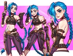  :p adorable arcane arcane_jinx armwear artist_name artist_signature bandage blue_eyes blue_hair blushypixy blushyspicy braid braided_hair braids cute female finger_gun firearm grenade handgun handwear holding_gun holding_object human jinx_(league_of_legends) league_of_legends league_of_legends:_wild_rift long_hair long_hair_female nails pale_skin pink_background powder_(arcane) ripped_clothes ripped_clothing ripped_pants schizophrenia shooting signature smile smiling smiling_at_viewer tattoo tattoo_on_arm tattoo_on_chest tattoo_on_waist watermark weapon white_stripes 