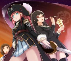  3girls aqua_eyes ascot bad_id bad_pixiv_id belt black_hair black_legwear brown_eyes brown_hair chiaki_kurihara eating emblem endou_mami epaulettes food from_below glasses hair_ornament hat hat_feather hime_cut holding ice_cream katou_marika long_hair miniskirt_pirates multiple_girls open_mouth photoshop_(medium) pink_hair pirate pirate_hat saber_(weapon) school_uniform semi-rimless_eyewear ship short_hair skirt skull sky smile spoon star_(sky) starry_sky sundae sword tea_(nakenashi) thighhighs under-rim_eyewear watercraft weapon zettai_ryouiki 