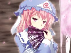  bad_id bad_pixiv_id cherry_blossoms female folding_fan hand_fan hat japanese_clothes petals pink_eyes pink_hair ribbon saigyouji_yuyuko shippou_(pattern) short_hair smile solo touhou tree triangular_headpiece yappen 