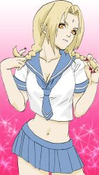  blonde_hair breasts cleavage female highres midriff miniskirt naruto navel rhyme4familia rhyme_(rhyme4familia) school_uniform skirt solo tsunade twintails yellow_eyes 