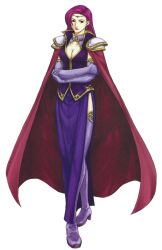  armor boots breasts brunnya_(fire_emblem) cape circlet cleavage earrings elbow_gloves female fire_emblem fire_emblem:_the_binding_blade gloves highres jewelry kaneda_eiji large_breasts lipstick long_hair makeup purple_eyes purple_hair side_slit solo thigh_boots thighhighs 